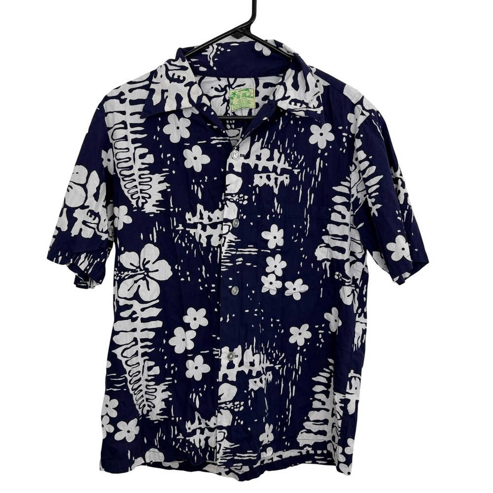 Ui-Maikai Shirt Mens Blue White Tropical Floral Print Cotton Button Up Hawaiian
